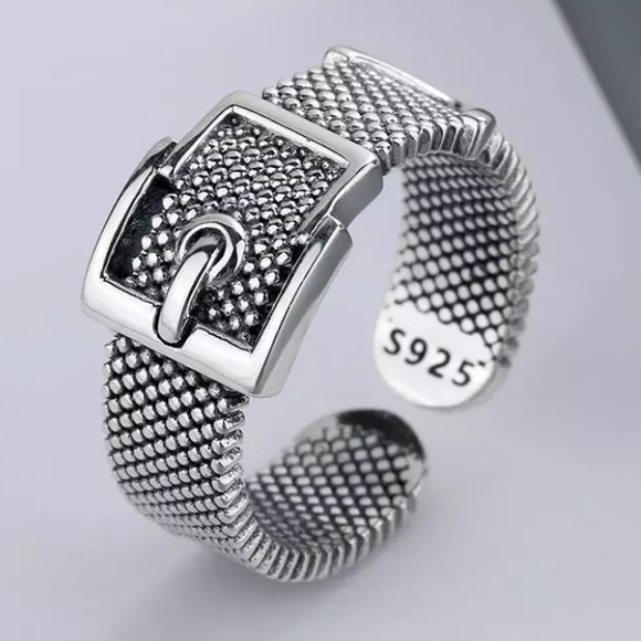 Jewelry - Sterling Silver Silver Buckle Ring Mesh Textured Adjustable Equestrian Jewelry